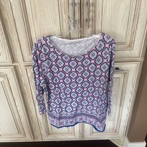 Talbots Woman Blue and Pink Geometric 3/4 Sleeve Boho shirt